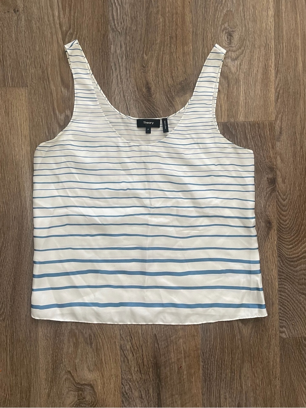 Theory Painted Stripe Silk Tank P Blue White Scoop Neck Quiet Luxury